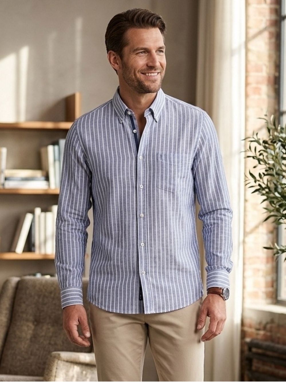 Bugatti Linen Cotton Stripe Shirt Blue Robin 9352 Button Down Size S
